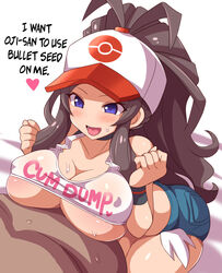 1boy 1girls :d alternate_breast_size alternate_color anime_style antenna_hair bare_shoulders baseball_cap black_neckwear blue_shorts blush breast_press breasts brown_hair choker cleavage clothed_female_nude_male clothes_writing collarbone crop_top dark-skinned_male dark_skin denim denim_shorts english_text erect_nipples female hands_up hard_translated hat heart high_ponytail hilda_(pokemon) human human_only implied_paizuri konno_tohiro large_breasts long_hair looking_at_another nintendo nude open_mouth out_of_frame poke_ball_symbol pokemon pokemon_bw ponytail purple_eyes shiny shiny_skin shorts sidelocks sleeveless smile straight sweat talking tank_top text tongue tongue_out translated underboob very_long_hair white_background white_hat white_tank_top wristband