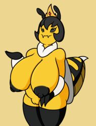 2018 antennae anthro areola arthropod bee big_breasts breasts character_request crown digital_media_(artwork) female huge_breasts insects looking_at_viewer mr.under nipples original original_character pussy royal royalty sagging_breasts simple_background smile solo thick_thighs wide_hips wings