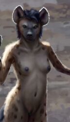 2015 anthro backlighting breasts caedere detailed digital_media_(artwork) female fur hair hyena looking_at_viewer mammal navel nipples nude outside pussy shaded short_hair solo spotted_hyena standing