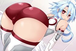 1girls ahoge ass ass_pov ass_shot bare_shoulders big_ass blanc blue_hair blush breasts buruma dat_ass elbow_gloves female from_behind gloves hand_on_hip huge_ass leotard long_hair looking_at_viewer looking_back looking_back_at_viewer lying neptunia_(series) on_bed pov power_symbol pussy red_eyes red_panties short_hair short_hair_with_long_locks sitting solo stockings symbol-shaped_pupils thighhighs thighs white_heart