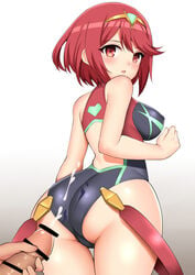 ass bar_censor big_ass blush breasts censored clothing cum cumshot disembodied_penis faceless_male female grabbing hair hips huge_ass large_ass legs looking_at_viewer looking_back male masturbation nintendo on_back open_mouth penile_masturbation penis penis_grab pyra red_eyes red_hair simple_background solo_focus swimsuit thick_thighs thighs tight_clothing toshishikisai video_games wide_hips xenoblade_(series) xenoblade_chronicles_2