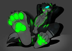 animal_genitalia animal_penis anthro ball canine canine_penis chest_tuft cloth clothing diegojhol draeus glowing glowing_penis green_eyes jacket looking_at_viewer male male_only mammal neon nude paws penis sheath smile solo spread_legs spreading tuft