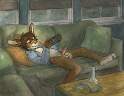 anthro balls bong bottomless brown_hair chips_(food) clothed clothing drugs erection food hair humanoid_penis inside lagomorph lying male male_only mammal marijuana mostly_nude navel nintendo nintendo_switch on_back penis rabbit red_penis sicklyhypnos sofa solo video_games