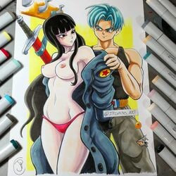 black_eyes black_hair blue_eyes blue_hair blush bowl_cut breasts closed_mouth clothed clothing coat dragon_ball dragon_ball_super erect_nipples female future_mai future_trunks human jpcortes long_hair mai_(dragon_ball) male muscular muscular_male nipples photo_(medium) smile sword traditional_media_(artwork) trunks_briefs undressing