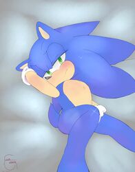 absurd_res anthro barefoot blue_fur blush dakimakura dakimakura_design fur futuregalaxea green_eyes half-closed_eyes hedgehog laying_down looking_at_viewer lying male male_only mammal on_back solo sonic_(series) sonic_the_hedgehog suggestive