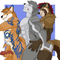 anal anthro anthro_on_anthro ass big_butt black_nose canine clenched_teeth closed_eyes dingo erection fox group group_sex hi_res knot male male_only mammal masturbation muscular nude penis seibear sex tanuki tattoo teeth threesome train_position wolf yaoi