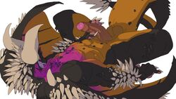 balls big_horns big_penis black_scales claws erection feral hi_res holding_penis humanoid_penis looking_at_viewer lying mace_tail male male_only masturbation muscular muscular_male nergigante nipples on_back penis precum purple_scales really_vile retracted_foreskin scales simple_background smile solo spines spreading tongue tongue_out uncut vein white_background wings yellow_scales