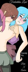 2girls amber_lightvale artist_request bete_noire blue_hair blush boobs brown_hair cyan_eyes glitchtale grabbing_breast light_blue_hair pink_eyes pink_hair sucking_nipples undertale undertale_fanfiction yuri