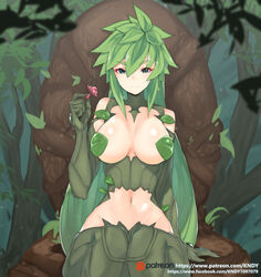 1girls bark_skin blue_eyes breasts convenient_censoring dryad female female_only forest green_hair humanoid kii_(monster_musume) kndy leaf_censor leaf_hair long_hair looking_at_viewer makeup monster_girl monster_musume_no_iru_nichijou plant plant_girl plant_humanoid plantigrade short_hair text thin_waist tree tree_girl url watermark wide_hips