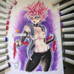 1girls aura bimbo blush breasts cameltoe cleavage clothed clothing dragon_ball dragon_ball_super earring erect_nipples female female_goku female_goku_black goddess goku_black goth hourglass_figure jpcortes leggings lipstick nipples photo_(medium) pink_eyes pink_hair potara_earrings ring rule_63 saiyan solo spiked_hair super_saiyan super_saiyan_rose traditional_media_(artwork) voluptuous