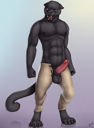 abs anthro balls black_fur digital_media_(artwork) erection feline fur furry green_eyes jonas-puppeh male male_only mammal nude open_mouth panther penis simple_background smile solo testicles