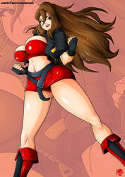 1girls 2018 artist_name big_breasts blaze_fielding boots breasts brown_eyes brown_hair cleavage clothing earrings female female_only fingerless_gloves gloves hair hips huge_breasts jacket large_breasts legs lipstick long_hair navel panties pose posing red_lipstick sega shirt skirt solo streets_of_rage streets_of_rage_4 teeth thick_thighs thighs video_games wide_hips witchking00