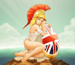 1girls blonde_hair blue_eyes britannia british english female helmet looking_at_viewer mythology national_personification nationality northern_european ocean pinup rock shield uk union_jack united_kingdom