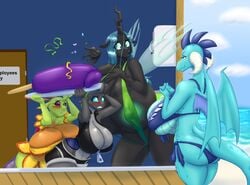 2018 anthro areola ass beach big_breasts bikini blues64 blush breasts changeling clothing cloud confetti digital_media_(artwork) door dragon female friendship_is_magic group hair hi_res horn huge_breasts hyper hyper_breasts king_thorax_(mlp) long_hair marauder6272 my_little_pony nipple_bulge non-mammal_breasts princess_ember_(mlp) queen_chrysalis_(mlp) rule_63 seaside sinyxstra sling_bikini swimsuit text thorax_(mlp) wings