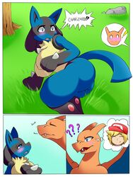 ! 1boy 1girls 2018 ? anthro ass big_butt black_fur blue_eyes blue_fur blush breasts canine charizard comic deerrobin dragon duo english_text eyelashes female fur grass huge_breasts large_ass larger_male lucario male nintendo nipples nude orange_skin original_character outdoors paws pokemon pokemon_(species) pokemon_dppt pokemon_rgby pussy_juice scalie size_difference smaller_female surprise teeth text thick_thighs video_games wet white_border wide_hips wings yellow_fur