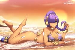 1girls almost_naked almost_nude beach blush cosplay green_eyes hair_over_one_eye huge_breasts layer long_hair mega_man mega_man_x ponytail purple_hair robarts_hallway robot_girl slave_leia_(cosplay) smile star_wars