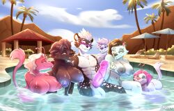 big_balls big_breasts blue_fur blush detailed_background fruitlooms huge_balls huge_breasts huge_cock ice_age:_collision_course ice_age_(film) ice_age_(series) leopard original_character pierced_nipples pink_fur pool poolside purple_fur scratazon sunlight tree veiny_penis water white_fur