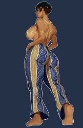 2025 alternate_version_at_source ass ass_crack back_view beuto black_hair blue_eyes bra bra_strap breasts breasts_out dark-skinned_female dark_hair dark_skin ear_piercing earrings feet female female_only flare_pants forbidden_pants jewelry looking_at_viewer looking_back looking_back_at_viewer necklace pierced_ears piercing piercings rear_view short_hair side_eye simple_background solo solo_female topless topless_female