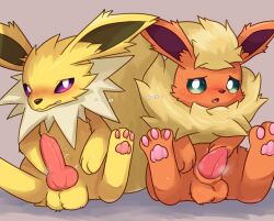 absurd_res animal_genitalia animal_penis balls black_nose blush bodily_fluids canine_genitalia canine_penis duo eeveelution erection feral flareon fur generation_1_pokemon genital_fluids genitals green_sclera hi_res jolteon knot knotted_penis komugi_mofu male nintendo pawpads paws penis pokemon pokemon_(species) precum purple_sclera red_body red_ears red_fur sitting white_eyes yellow_body yellow_ears yellow_fur