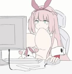 arcaea blush bored breast_sucking drinking fully_clothed gif holding_mouse_(computer) huge_breasts keyboard keyboard_(computer) kou_(arcaea) mouse_(computer) pc plushie self_breast_sucking stuffed_animal