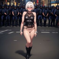 ai_generated angry angry_expression angry_face blush boots bottomless bullying clothes_removed clothes_ripped clothes_stolen clothes_tearing embarrassed embarrassed_underwear_female euf exhibitionism exhibitionist glj-enf going_commando half-dressed half_naked humiliated humiliation leather_boots nipples_visible_through_clothing no_panties no_pants no_skirt nude_from_the_waist_down pantsed pantsing pantsless pantyless police police_uniform protest public public_exposure public_humiliation public_indecency public_nudity punishment pussy ripped_clothing sexual_harassment shiny_skin shirt_only shocked shocked_expression short_hair skirt_removed skirtless stolen_clothes story_at_source street stripped stripping top_only torn_clothes torn_clothing undressed undressed_by_others
