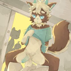 2_horns 5_fingers anthro anthro_on_anthro arm_tuft balls blue_blush blue_body blue_clothing blue_eyes blue_horn blue_inner_ear blue_penis blue_shirt blue_topwear blush bodily_fluids body_blush bottomless bottomless_anthro bottomless_male brown_body brown_fur caught_in_the_act clothed clothing clothing_lift container crotch_tuft cup door ear_tuft emanata erection eyebrows facial_tuft fingers fluffy fluffy_tail foreskin fur genitals gloves_(marking) group hair hi_res hip_tuft horn hybrid inner_ear_fluff kemono looking_at_genitalia looking_at_penis lying male male/male mammal markings navel on_back penis penis_blush penis_size_difference regcron shirt shirt_lift shoulder_tuft signature sliding_door spread_legs spreading sweat sweatdrop tail topwear trio tuft white_balls white_body white_eyebrows white_fur white_hair white_inner_ear_fluff white_penis