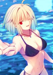 1girls ahoge arcueid_brunestud bikini bikini_bottom bikini_top black_bikini blonde_hair breasts cleavage large_breasts looking_at_viewer melty_blood necklace ocean one_eye_closed reaching_towards_viewer red_eyes shikikaito short_hair smile swimsuit thick_thighs thighs tsukihime water wet wet_body wide_hips wink