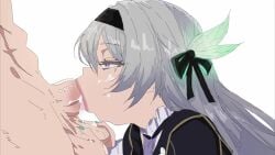 1boy 1girls :>= angel_of_light animated aqua_nails black_hairband blinking caressing_testicles clothed_female_nude_male cum cum_in_mouth cum_on_body cum_on_hands cum_overflow deepthroat excessive_cum fellatio female firefly_(honkai:_star_rail) from_side gokkun grey_hair gulping hairband highres honkai:_star_rail honkai_(series) long_hair nail_polish nude oral penis pulsating_cumshot purple_eyes rubyredva simple_background solo_focus sound straight swallowing tagme tearing_up testicles throat_bulge tongue tongue_out uncensored video white_background