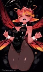 ai_assisted ai_generated black_bow_tie black_leotard bunny_ears colored_skin cropped_legs dark_willow disgust dota_2 earrings fairy fairy_wings fake_animal_ears medium_breasts moglotbs monster_girl pantyhose playboy_bunny pointy_ears red_eyes red_hair red_skin short_hair solo tagme valve wings yellow_sclera