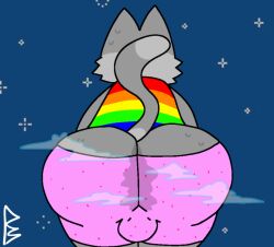 aliasing anthro ass big_butt bodily_fluids bottomwear bulge cape clothed clothing digital_media_(artwork) domestic_cat felid feline felis femboy fur grey_body grey_fur grey_tail male mammal meme multicolored_cape multicolored_clothing musk musk_clouds musky_butt nyan_cat nyan_cat_(copyright) pear-shaped_figure pelnsfw pink_bottomwear pink_clothing presenting presenting_hindquarters rainbow_cape rainbow_clothing solo sweat sweaty_butt tail thick_thighs wide_hips