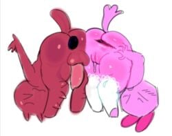 1boy 1girls ass_bigger_than_head ass_focus big_ass c00lkidd c00lkidd_(forsaken) digitigrade leaking_precum pink_skin pr3tty_princess red_skin roblox small_body small_penis socks upside-down visible_penis visible_pussy
