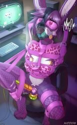 absurd_res anthro blindfold chastity_cage chastity_device clothing fishnet_clothing flat_chastity_cage gag hi_res hitachi legwear male male_only moddish muzzle_gag panty_hood restraints sex_toy solo stockings straitjacket stuff_gag vibrator