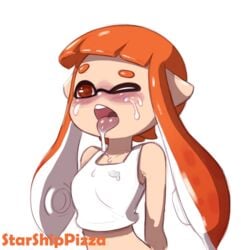 animal_humanoid anthro blush cephalopod cephalopod_humanoid clothed clothing crop_top cum cum_on_clothing cum_on_face drooling female front_view half-length_portrait humanoid inkling inkling_girl kaori_(splatoon) marine mask_(marking) mollusk nintendo one_eye_closed open_mouth orange_eyes orange_hair pale_skin pointy_ears portrait saliva shirt simple_background solo splatoon squid starshippizza tentacle tentacle_hair tongue tongue_out video_games white_background