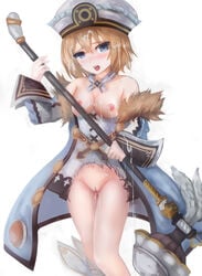 blanc breasts cum dress neptunia_(series) nipples no_bra nopan open_shirt pussy suterisu torn_clothes uncensored weapon