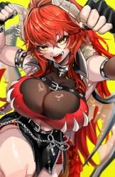 black_gloves black_nails black_skirt breasts chest_belt clenched_hands cross detached_sleeves dragon_horns dragon_tail female fingerless_gloves former_vshojo gloves highres horns indie_virtual_youtuber large_breasts long_hair miniskirt navel open_mouth oyu_(oy234u) red_hair see-through_cleavage see-through_clothes single_detached_sleeve skirt solo tail tongue twitch twitch.tv twitter virtual_youtuber vshojo yellow_eyes youtube youtuber youtuber_girl youtubers zentreya zentreya_(dragon) zentreya_(dragon)_(1st_costume) zipper