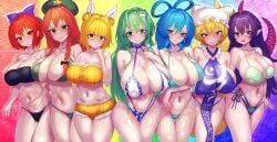 100th_black_market 7girls big_breasts bikini blonde_hair blue_hair embodiment_of_scarlet_devil female green_eyes green_hair group hong_meiling large_breasts mayumi_joutouguu momoyama_tits monster_girl mountain_of_faith perfect_cherry_blossom purple_hair ran_yakumo red_hair sanae_kochiya seiga_kaku sekibanki swimsuit tagme ten_desires tenkajin_chiyari touhou wily_beast_and_weakest_creature