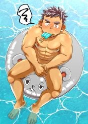 1boy abs accidental_circumstance animal_print big_areola blush blush_lines blushing_profusely brown_hair covering covering_crotch embarrassed erect_nipples feet feet_in_water food freckles freckles_on_face full_body funny_face gay hi_res legs_apart male male_only mature_male melting melting_popsicle mknskhnbs mouse muscles muscular muscular_arms muscular_legs muscular_male muscular_thighs navel no_body_hair original original_character pecs pool popsicle popsicle_in_mouth popsicle_melting quadriceps round_eyes short_hair sitting six_pack solo spiky_hair spread_legs summer swim_ring thick_eyebrows toes wet wet_body yaoi young