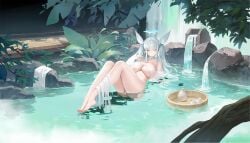 ass azur_lane bare_shoulders barefoot bathing bikini blush bois_belleau_(azur_lane) bois_belleau_(steamy_therapy)_(azur_lane) bottle breasts cg choko_(cup) cleavage closed_mouth cup feet female full_body grey_eyes hair_ribbon halo hand_up knees_up large_breasts leaf legs long_hair looking_at_viewer official_art outdoors partially_submerged rock smile solo swimsuit thighs toenails toes tokkuri tree twintails very_long_hair water waterfall wet white_hair