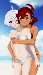 2girls ahoge antenna_hair assertive_female bare_arms bare_belly bare_chest bare_hands bare_hips bare_legs bare_midriff bare_navel bare_shoulders bare_skin bare_thighs bare_torso belly belly_button bikini bikini_bottom bikini_only bikini_top black_bikini black_bikini_bottom black_bikini_top black_string_bikini black_swimsuit black_swimwear blue_background blue_eyes blue_eyes_female boob_grab breast_grab breast_grab_from_behind breast_grabbed_from_behind breasts brown-skinned_female brown_skin brown_skinned_female caressing_breasts collarbone completely_naked completely_naked_female completely_nude completely_nude_female digital digital_art digital_drawing digital_drawing_(artwork) digital_media digital_media_(artwork) elbows exposed_arms exposed_belly exposed_chest exposed_hips exposed_legs exposed_midriff exposed_navel exposed_shoulders exposed_skin exposed_thighs exposed_torso eye_closed female female_focus female_only finger_in_pussy fingering fingering_partner fingers fondling fondling_breasts fondling_pussy fully_naked fully_nude grabbing_breast grabbing_breasts grabbing_breasts_from_behind grabbing_tits groin grope grope_from_behind groped_from_behind groping groping_breast groping_breasts groping_chest groping_from_behind gundam hair_between_eyes hairband halterneck hand_on_another's_breast hand_on_another's_chest hand_on_another's_leg hand_on_another's_thigh hand_on_breast hand_on_chest hand_on_leg hand_on_thigh high_resolution highres horizon kiniro_tofu lean_figure lesbian_focus lesbian_only long_hair medium_breasts midriff miorine_rembran multiple_females multiple_girls naked naked_female naked_woman narrow_waist navel nude nude_female nudity one-eye_closed one_eye_closed one_eye_open outdoor outdoor_nudity outdoors outside petite petite_body petite_breasts petite_female petite_girl petite_tits purple_eyes purple_eyes_female red_hair red_hair_female short_hair shoulders side-tie_bikini slender_body slender_waist slim_waist small_breasts standing string_bikini suletta_mercury swimsuit swimwear thighs topless topless_female upper_body vaginal_stimulation white_bikini white_bikini_bottom white_bikini_top white_eyebrows white_hair white_hair_female white_string_bikini white_swimsuit white_swimwear wince yuri