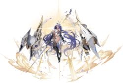 armored_boots azur_lane bare_shoulders black_background black_footwear black_gloves black_thighhighs blue_hair boots breasts cg cleavage dark-skinned_female dark_skin duquesne_(azur_lane) elbow_gloves female full_body gauntlets gloves headgear holding holding_polearm holding_sword holding_weapon large_breasts leotard long_hair looking_at_viewer navel official_art polearm purple_hair revealing_clothes rigging simple_background solo sword thighhighs thighs very_long_hair weapon