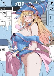 armpit_crease blonde_hair blue_hat blue_leotard blush breasts casual44852 cleavage comiket cosplay dark_magician_girl dark_magician_girl_(cosplay) duel_monster ear_piercing female from_side hat holding holding_unworn_clothes holding_unworn_skirt kitagawa_marin large_breasts leotard long_hair nervous_smile pentagram piercing public_indecency pussy red_eyes skirt smile solo sono_bisque_doll_wa_koi_wo_suru sweat unworn_skirt very_long_hair wizard_hat yu-gi-oh!