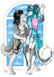 2017 4_toes 5_fingers anthro anthro_on_anthro ass bedroom_eyes biped black_hair black_nose blep blue_fur blue_hair blue_tail blue_tongue breasts canine claws clothed clothed/nude clothed_female_nude_female clothing cloud countershade_arms countershade_face countershade_legs countershade_tail countershade_torso countershading crossed_legs cyan_pawpads digitigrade duo eye_contact eye_markings facial_markings female fluffy fluffy_tail fox full-length_portrait fur gloves_(marking) grey_countershading grey_fur grey_markings grey_nipples grey_pussy grey_tail hair half-closed_eyes hindpaw humanoid_hands husky hybrid leg_gran long_tail looking_at_another looking_at_partner mammal markings medium_breasts multicolored_fur multicolored_hair multicolored_tail muzzle_scabs nipples nude panties pawpads paws pink_clothing pink_topwear ponytail portrait pussy q-nik raised_shirt red_bottomwear red_clothing seductive shirt simple_background size_difference sky sky_(danny.thetcher) smile smirk smug snout standing tank_top tattoo teasing toe_claws toes tongue tongue_out traditional_media_(artwork) tribal_tattoo two_tone_hair underwear white_background white_countershading white_fur white_tail window wolfdog wolfsky_raymond yuri