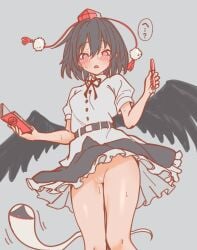 black_hair black_panties black_skirt black_wings blush book breasts camera female geta ghost grey_background hat hauchiwa highres holding holding_book looking_at_viewer medium_breasts medium_hair no_panties open_mouth panties pussy red_eyes red_hat shameimaru_aya shirt short_sleeves simple_background skirt soara_shimomo solo tengu-geta tokin_hat touhou underwear white_shirt wings