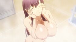 amaya_haruko animated areolae arms_up bath bathroom blue_eyes blush breast_squeeze breasts closed_eyes female huge_breasts long_hair maken-ki! nipples nude plump purple_hair screencap shower smile solo standing steam water wet