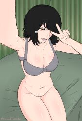 bra breasts camera camera_view chainsaw_man fumiko_mifune_(chainsaw_man) light-skinned_female looking_at_viewer no_panties peace_sign photo sinandtonic_(artist) stomach_bulge thighs tummy