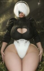 1girls 3d alternate_breast_size asian asian_female big_breasts big_thighs black_blindfold blindfold blindfolded boob_window boobs_bigger_than_head breasts breasts_bigger_than_head child_bearing_hips cleavage cleavage_cutout clothed clothing curvaceous curvaceous_body curvaceous_female curvaceous_figure curvaceous_hips curvaceous_thighs curvy curvy_body curvy_female curvy_figure curvy_hips detailed_background eyewear female female_only forest grass hair_accessory hair_over_one_eye hands_on_legs hands_on_thighs headband hips hips_wider_than_shoulders holding huge_boobs huge_breasts leotard light-skinned_female lips massive_thighs mole mole_under_mouth nier nier:_automata nier_(series) nipple_bulge nipples_visible_through_clothing outdoors partially_clothed presenting presenting_thighs robot robot_girl robot_humanoid selfmindsources short_hair sitting smile smiling smirk solo solo_female solo_focus stomach thick thick_hips thick_legs thick_thighs thighs white_hair wide_hips yorha_2b