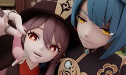 1boy 2girls 3d black_nails blue_hair brown_hair clothed condom couple cuckold cum dominant_female dominant_male female genshin_impact giant giant_male giantess hu_tao_(genshin_impact) larger_female larger_male lumine_(genshin_impact) macro male micro post-sex red_eyes size size_difference smaller_female submissive_female trapped_in_condom velirie xingqiu_(genshin_impact) yellow_eyes