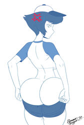 1girls annoyed ass back_view baseball_cap baseball_uniform big_butt blue_hair breasts bubble_butt caked_up cartoon_network cheesecake clothing covered_breasts cross-popping_vein dynamictrigger22 exposed_ass female female_only huge_ass lapis_lazuli_(bob) lapis_lazuli_(steven_universe) monochrome pants_down solo steven_universe struggling struggling_to_fit tagme tight_clothing underboob wide_hips