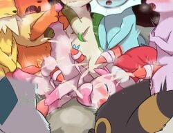 anal anal_sex balls black_body black_fur blue_body blue_fur blue_sclera blush bodily_fluids breath christmas christmas_clothing christmas_headwear closed_eyes clothing cum cum_in_ass cum_in_mouth cum_inside cumshot eeveelution ejaculation espeon fellatio feral flareon fur gangbang generation_1_pokemon generation_2_pokemon generation_4_pokemon generation_6_pokemon genital_fluids genitals glaceon group group_sex handjob hat headgear headwear heart_eyes heart_symbol hi_res holidays jolteon komugi_mofu leafeon leg_grab male male/male masturbation nintendo open_mouth oral penetration penile penis pink_body pink_fur pokemon pokemon_(species) red_body red_fur ribbonjob ribbons_(anatomy) santa_hat sex sylveon umbreon vaporeon yellow_body yellow_fur