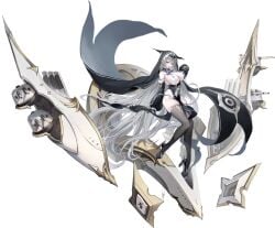 absurdly_long_hair azur_lane bare_shoulders black_background black_dress black_footwear black_gloves black_thighhighs breast_curtains breasts cg cleavage covered_navel detached_sleeves dress duguay-trouin_(azur_lane) female full_body gloves grey_hair habit hair_between_eyes high_heels holding large_breasts long_hair looking_at_viewer nun official_art pelvic_curtain revealing_clothes rigging simple_background skindentation solo thighhighs thighs turret very_long_hair